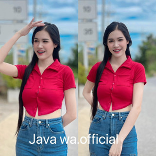 🔥Java wa shop🔥เสื้อครอปคอปกเชิ้ต +กระเป๋า2 ติดกระดุมหน้ากระดุมถอดได้จริง ผ้านุ่ม คอปก คอโปโล