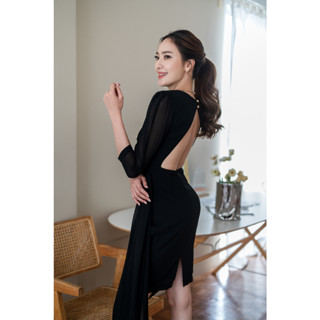 PD214 Open Back Dress เดรสผ้าชีฟองสีดำ คอกลม เปิดหลัง แขนสี่ส่วน กระโปรงเข้ารูปทรงสอบ