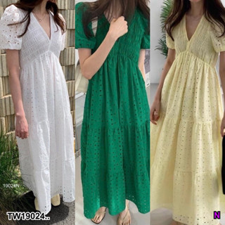 J19024 เดรสยาว ลูกไม้ แขนสั้น คอวี Long dress, lace, short sleeves, V-neck.