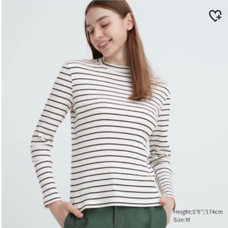 แท้ 💯% Uniqlo เสื้อยืด คอสูง ลายนูน (Ribbed) แขนยาว ลายทาง (หญิง)