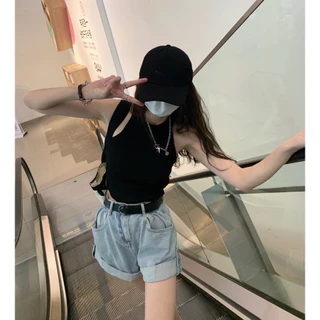 ส่งทันที Cici(NO. 25053)เสื้อกล้ามไหมพรมลายทาง/สีพื้นคอกลม ทรงเบสิคน่ารักแมทซ์ง่าย