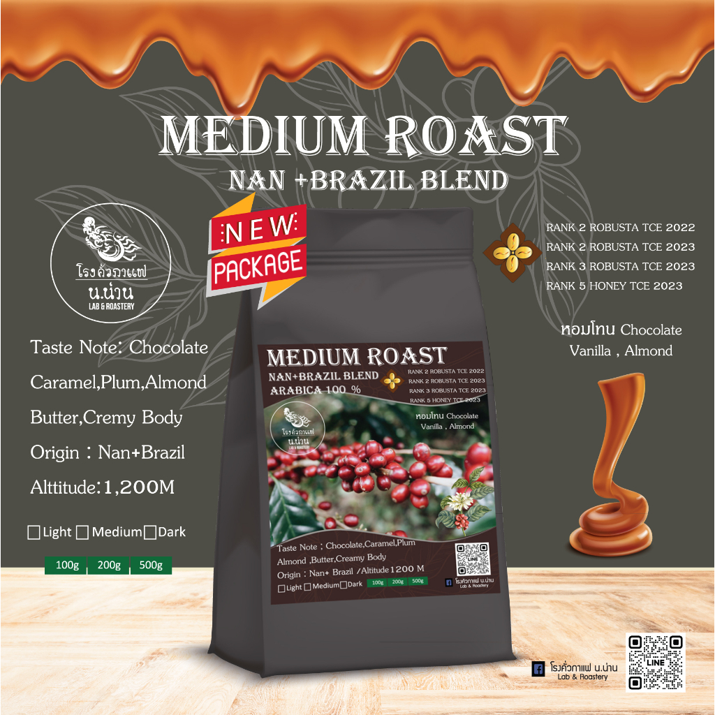 Nan Coffee Roastery เมล็ดกาแฟคั่วกลาง Medium Full Cityสวนยาหลวงน่านเบลนด์Brazil หอมนุ่มArabica 100 %