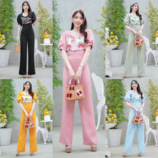 MM18883 Jumpsuit จั้มสูทขายาวแขนพอง อกแต่งลายดอกไม้ + ที่คาดผม Jumpsuit, long jumpsuit with puffy sleeves Chest decorate