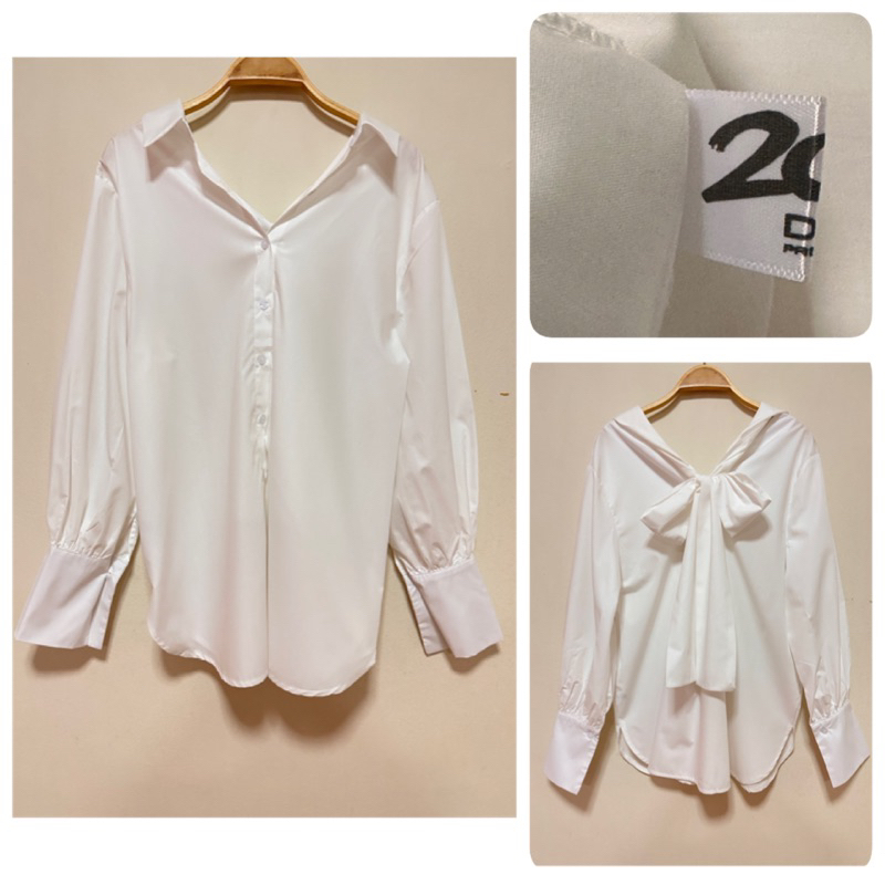 ส่งต่อ เสื้อเชิ้ต 20denim สีขาว ฟรีไซส์ (shop 450฿) **โบว์สามารถผูกได้ทั้งด้านหน้าและด้านหลังเลยค่ะ