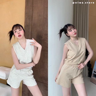 (VL)Miu sporty set 🤎🍞 ชุดเซ็ทเสื้อคอวีแขนกุด ปักโลโก้นูนเป็นลายแบรนด์บนอกเสื้อ ผ้าเนื้อนิ่มใส่สบาย