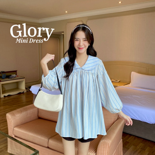 chuuchop_พร้อมส่ง(C8202)🦕🫧🥣Glory mini dress เดรสสั้นแขนยาวคอบัวสีฟ้าลาย