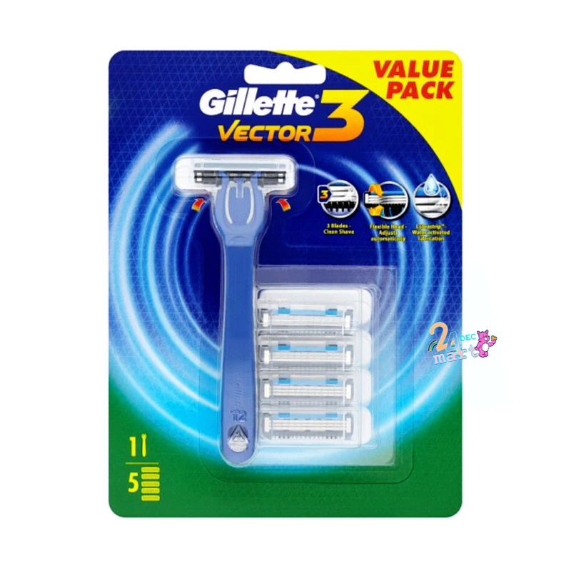 Gillette ยิลเลตต์ เวคเตอร์ 3 Vector 3 ใบมีดโกนหนวด ด้าม1 + สำรอง แพ็ค 5 ชิ้น