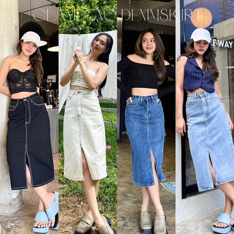 Glam long skirtdenim กระโปรงยีนส์ผ่าหน้าbasic 4 สี