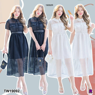 TwinsShopVip💗พร้อมส่ง TW19092 Maxi เดรสยาวลูกไม้ตาข่าย พร้อมเข็มขัด ..