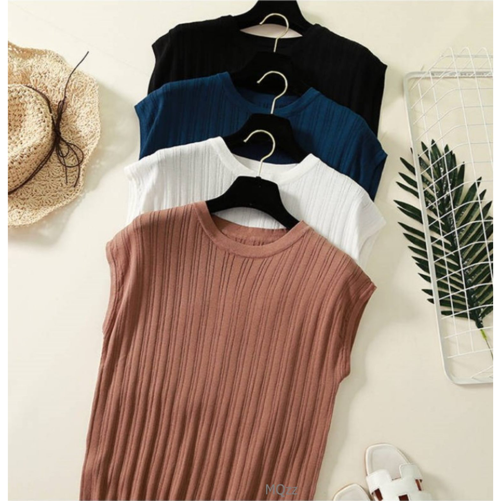 MQzz4289 ใหม่ {พร้อมส่ง} เสื้อยืดคอกลมแขนสั้น แขนกุด ผ้าไหมพรม ลายทาง ผ้ายืดได้เยอะ Free Size