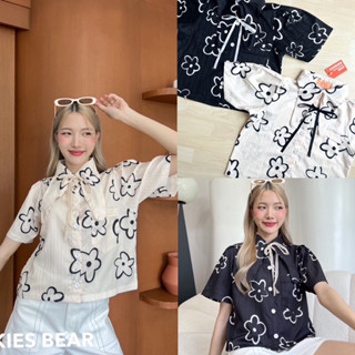 Cookies bear เชิ้ตปกยาว ทรงแขนจีบ ผ้าลายดอกไม้ 🐣🍊