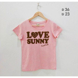 เสื้อยืดสีชมพู ปักผ้าขนน่ารักสีน้ำตาล Love Sunny Brand Ocean Pacific size s-m อก 36 ยาว 23