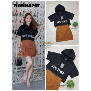 Code : M9 Nannapat Set ชุดเซ็ตเสื้อฮู้ดแขนสั้น กระโปรงสั้น สำหรับผู้หญิง ไซส์ S-XL