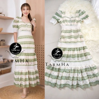 เดรสออกงานสีทรูโทน!!! S-6XL Maxi Dress เดรสลูกไม้สีเขียวสลับสีครีมแขนพองแต่งกระดุมเพชร งานป้าย Tarm Ha