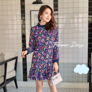 Flower Dress พร้อมส่ง งานป้ายYPY เดรสลายดอกไม้ โทนสีกรม แขนยาว งานป้ายypy