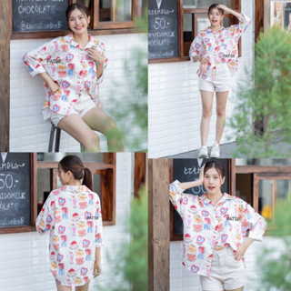 Smilely Shirt เสื้อเชิ้ต Oversize เสื้อเชิ้ตเปลือกไม้ ลายดอก สงกรานต์ ไม่ต้องรีด