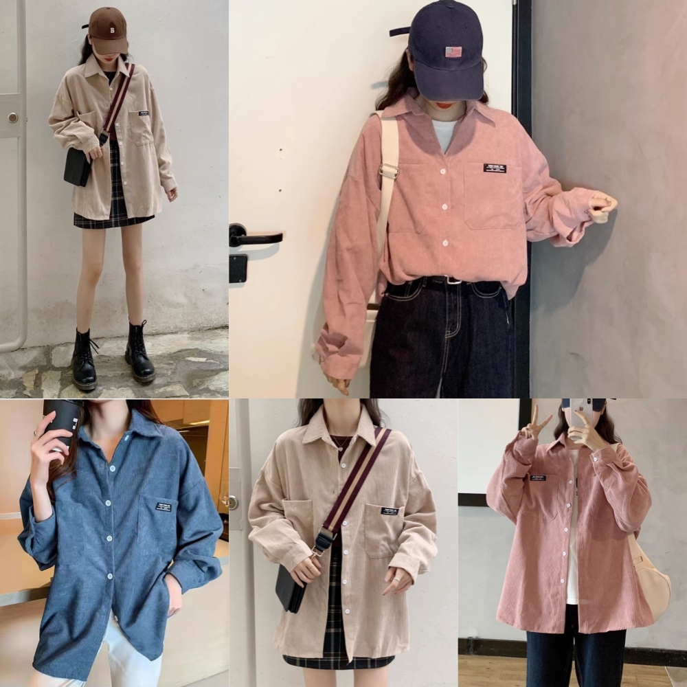 CTB550 เสื้อเชิ้ตผ้าลูกฟูก เสื้อแจ็คเก็ตเชิ้ตลูกฟูก 💟มี3สี💟 แขนยาวคอปก คลุมกันแดดผู้หญิง เกาหลี free