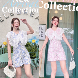 ❌พร้อทส่ง M-2XL❌ป้าย BRTจั้มสูทขาสั้นผ้าทอลายดอก มี2สี แต่งปกลูกไม้ระบายชั้นๆอลังๆ กระดุมหน้าสวยน่ารักมาก