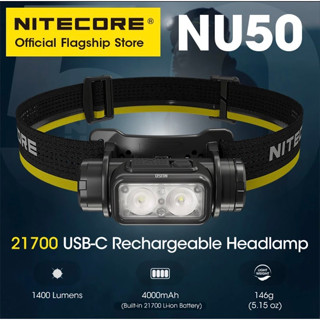 NITECORE ไฟฉายคาดศีรษะ NU50 1400 Lumens น้ำหนักเบา USB-C ชาร์จไฟสีขาวโคมไฟไฟฉายในตัวแบตเตอรี่