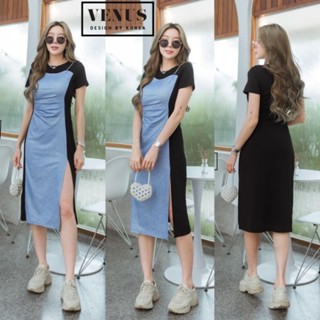 📌Jeans Dress แม๊กซี่เดรสผ้ายืดแต่งผ้ายีนด้านหน้า แต่งสายโซ่