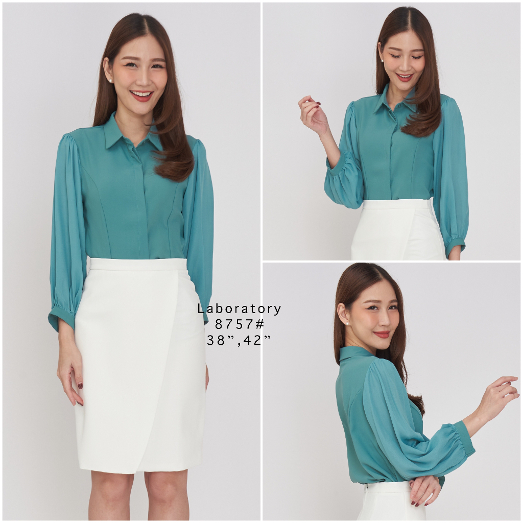 Laboratory เสื้อเชิ๊ตแขนพอง 8757# เชิ๊ตตีเกล็ดโค้งเข้ารูป มีไซส์ 38",42"