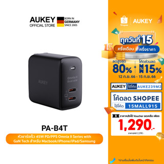 AUKEY PA-B4T หัวชาร์จเร็ว 45W Omnia™ II Series Dual Ports With OMNIA II Power Tech หัวชาร์จเร็ว iPhone 14/13/12 Series สำหรับ iPhone,Android,Laptop เทคโนโลยี, PD รุ่น PA-B4T