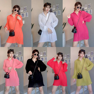 mini dress มินิเดรสอัดพลีท แขนยาว ทรงปล่อย