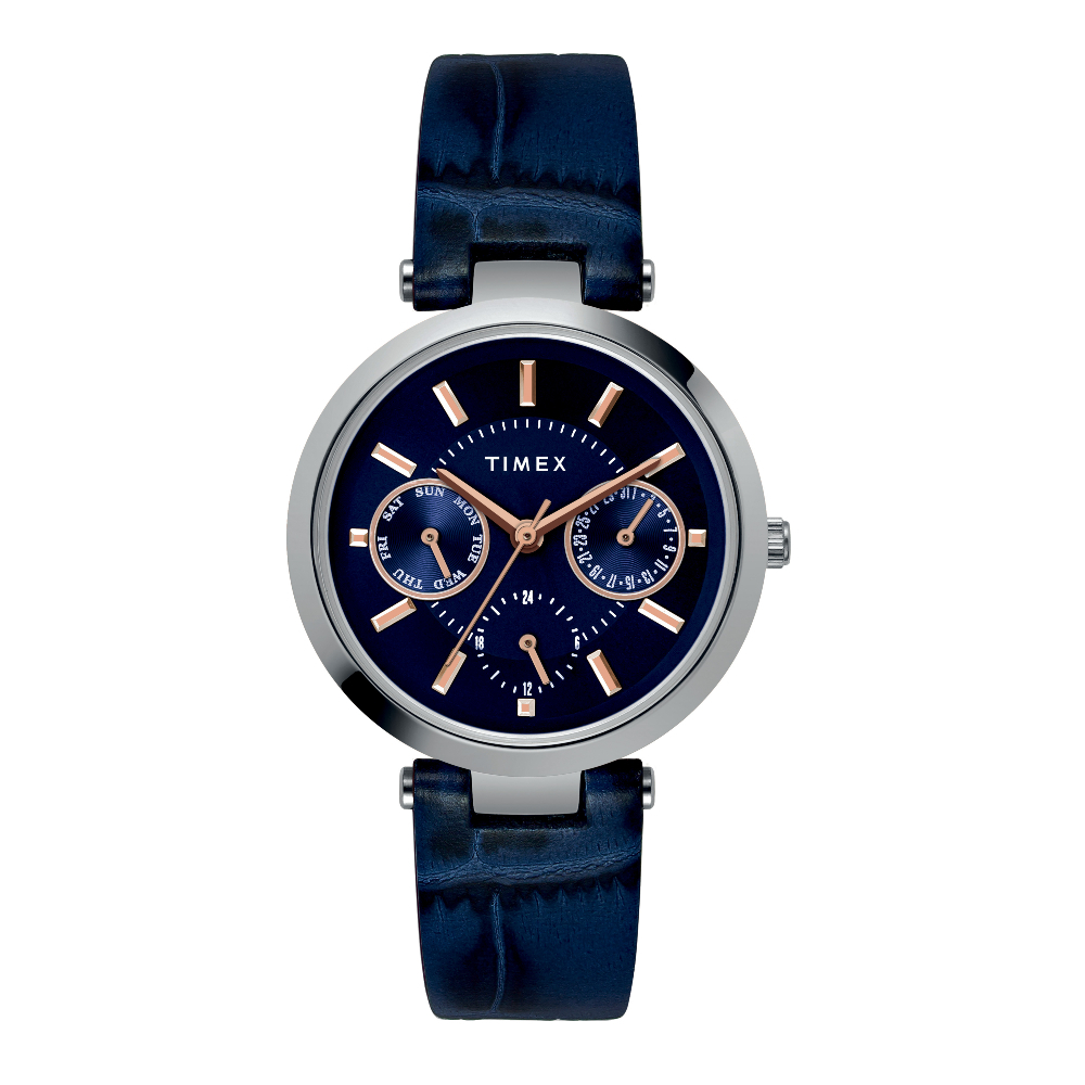 TIMEX TW2T46300 DRESS นาฬิกาข้อมือผู้หญิง สายหนัง สีน้ำเงิน หน้าปัด 34 มม.