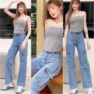 👖 Oops Jeans 👍🏻 กางเกงยีนส์ ทรงคาโก้ ขากระบอกกลาง สีดำฟอก แต่งเป๋าข้างใช้งานได้จริง จะเซอร์หรือเซ็กซี่ก็รอด