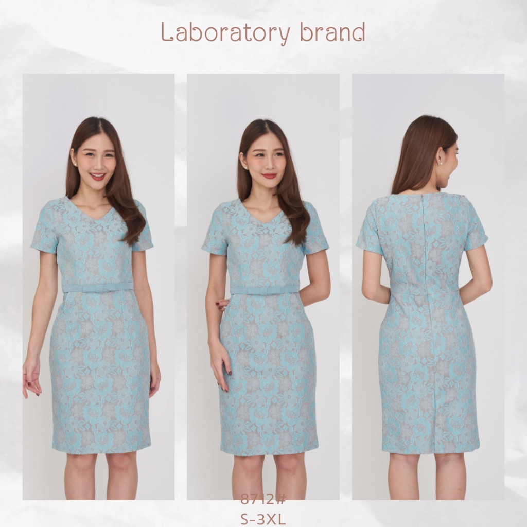 *Laboratory* 8712-1#เดรสคอวีผ้าลูกไม้อัดกาว ชุดไปงาน