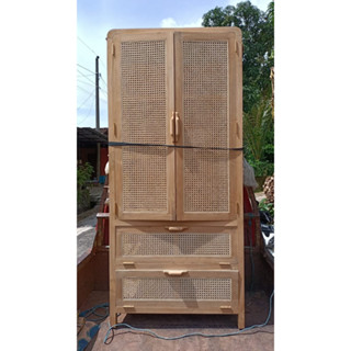 Wardrobe ย90 ก50 ส180 cm teakwood fram rattan ตู้เสื้อผ้าไม้สัก ตู้เสื้อผ้า ตู้โครงกรอบไม้สัก + งานหวายสาน