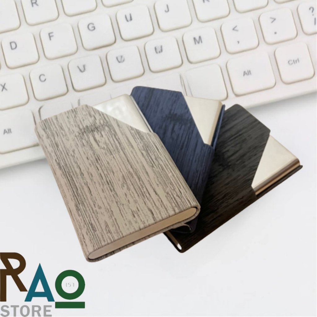 RAO Store กล่องใส่นามบัตร บัตรเครดิต ที่ใส่นามบัตรสแตนเลส + หนังPUลายไม้ กระเป๋าใส่นามบัตรพกพา Business Card Holder