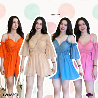 TwinsShopVip💗พร้อมส่ง TW18891 จั๊มสูทสายเดี่ยวเว้าไหล่ ขาสั้น สีพื้น