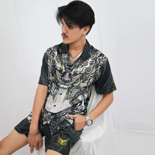 YAKZA hawaii Dark 010 SET เสื้อเชิ้ต ฮาวาย + กางเกงขาสั้น ลายพระราหู ทรงตรง แห้งไวไม่ร้อน