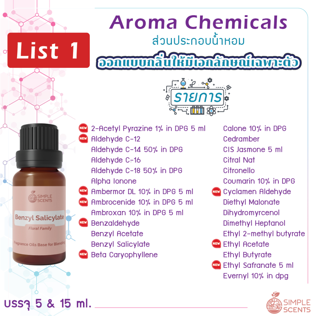 List 1 : Aroma Chemicals A - F / ส่วนประกอบน้ำหอม / อโรม่า เคมีคอล 15 ml & 5 ml