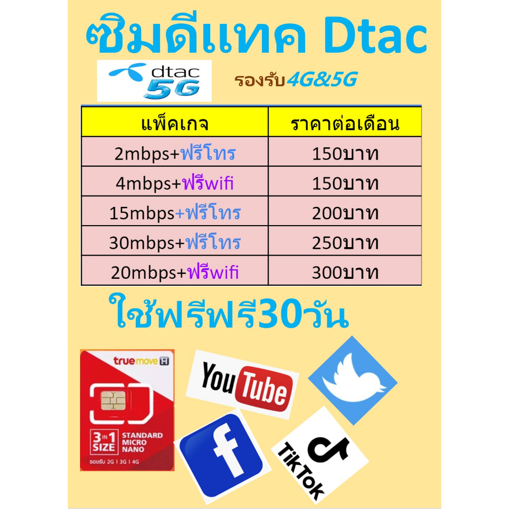 ซิมดีแทค DTAC เติมเงิน 150-300บาท 2mbps-30mbpsเน็ตไม่อั้นโทรฟรี24ชม