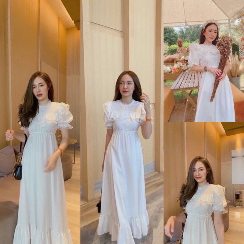 เดรสเจ้าหญิง คอแต่งลูกไม้ ปชายแขมีลูกไม้ ชุดยาวสวยมาก