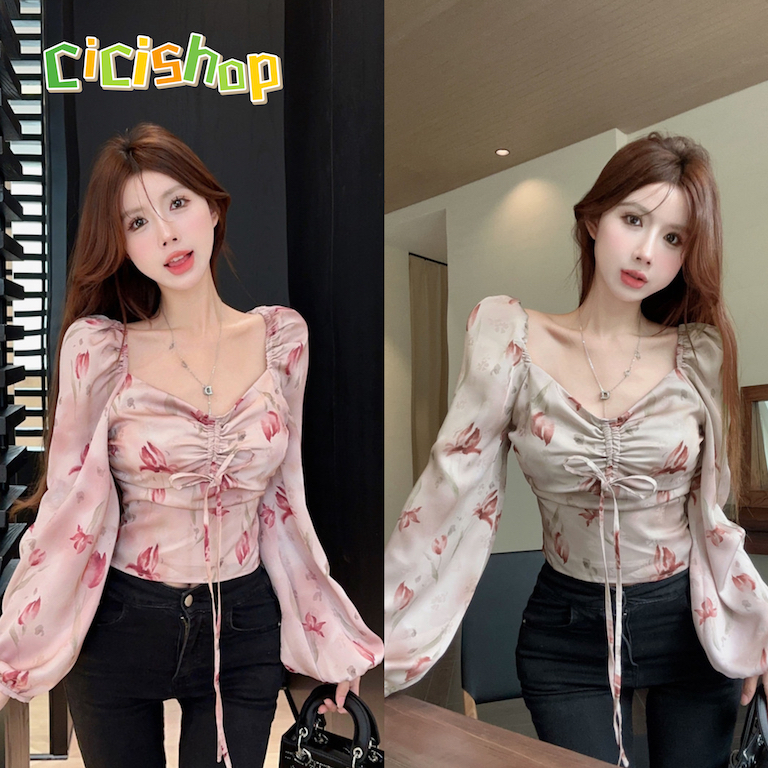 Cicishop(J785)เสื้อแขนยาวผ้าซาตินลายดอกไม้ ดีเทลผูกเชือกด้านหน้า สม๊อคหลัง ดูแพงสุดๆ