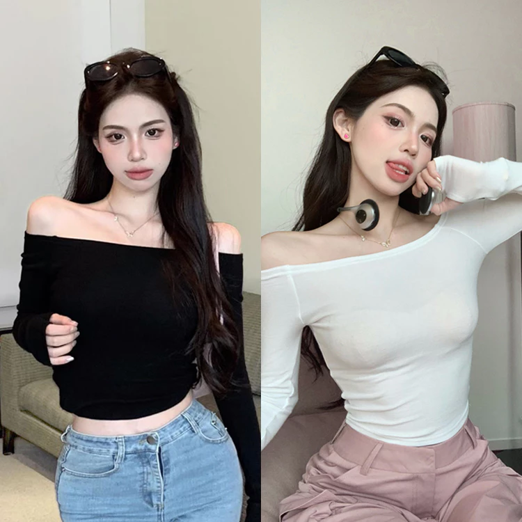 cherryshop🍀สีขาวเซ็กซี่เปิดไหล่เสื้อยืดแขนยาว สีดำรัดรูปแบบสั้น