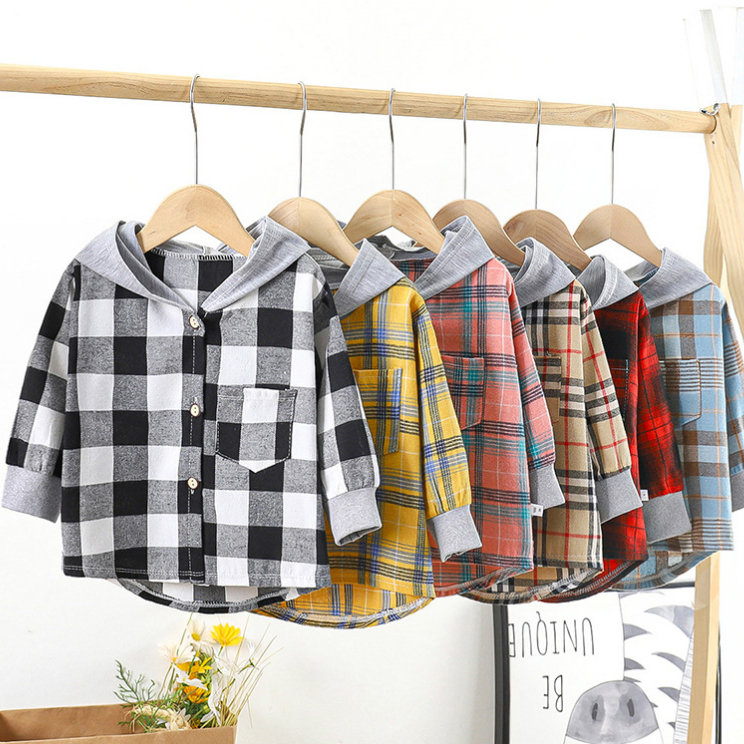Babyonline(Y236)H1-2 (ส่งด่วน1วัน)เสื้อเชิ้ตแขนยาวกันหนาวสำหรับเด็กมีหมวกลายสก็อตสไตล์เกาหลีสุดเท่ ผ้าฝ้าย นิ่ม