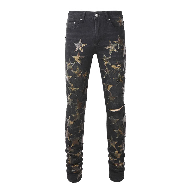 AMIRI black camouflage star patch ripped slim jeans