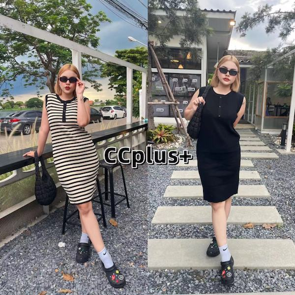 CiCi Plus+ SALE(503)Plus size+ เดรสแขนกุดคอกลม ดีเทลแต่งกระดุม ผ้าดีใส่สบาย สไตล์สาวเกาหลี