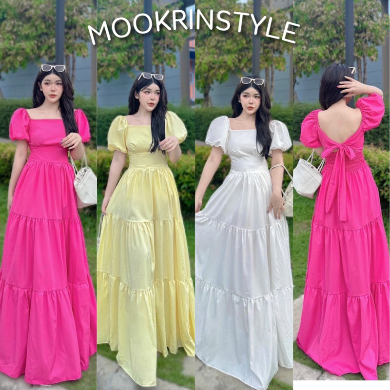 Mookrinstyle เดรสยาวทรงเจ้าหญิง คอเหลี่ยม แขนพอง ผูกหลัง ใส่ไปทะเล ไปเที่ยว สวนดอกไม้ เดินชายหาด maxidress