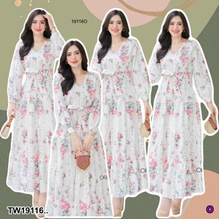 TwinsShopVip💗พร้อมส่ง TW19116 Maxi เดรสยาวแขนยาวพิมลาย ..