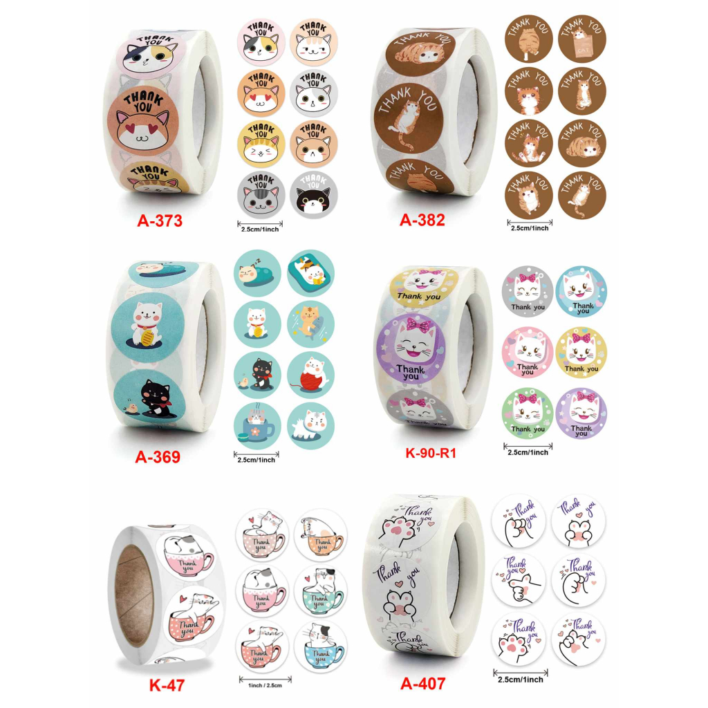 ( J ) รวมลายแมว​ สติกเกอร์ Thank You 1 นิ้ว 500 ดวง