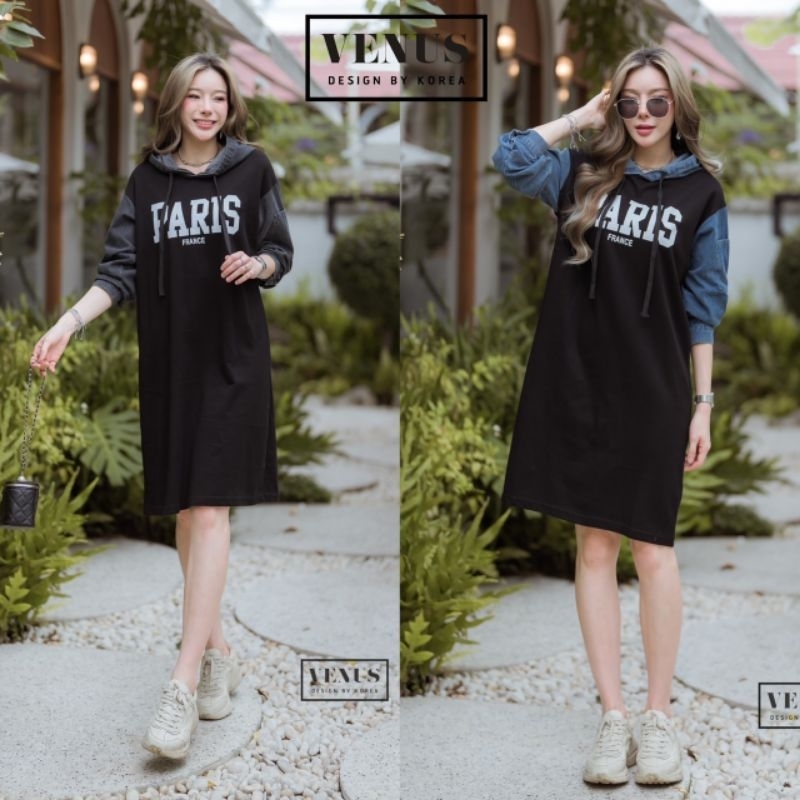 Jeans Hoods เดรสผ้ายืดแต่งผ้ายีนเนื้อดี ด้านหลังแต่งฮู๊ดหมวกสุดน่ารัก