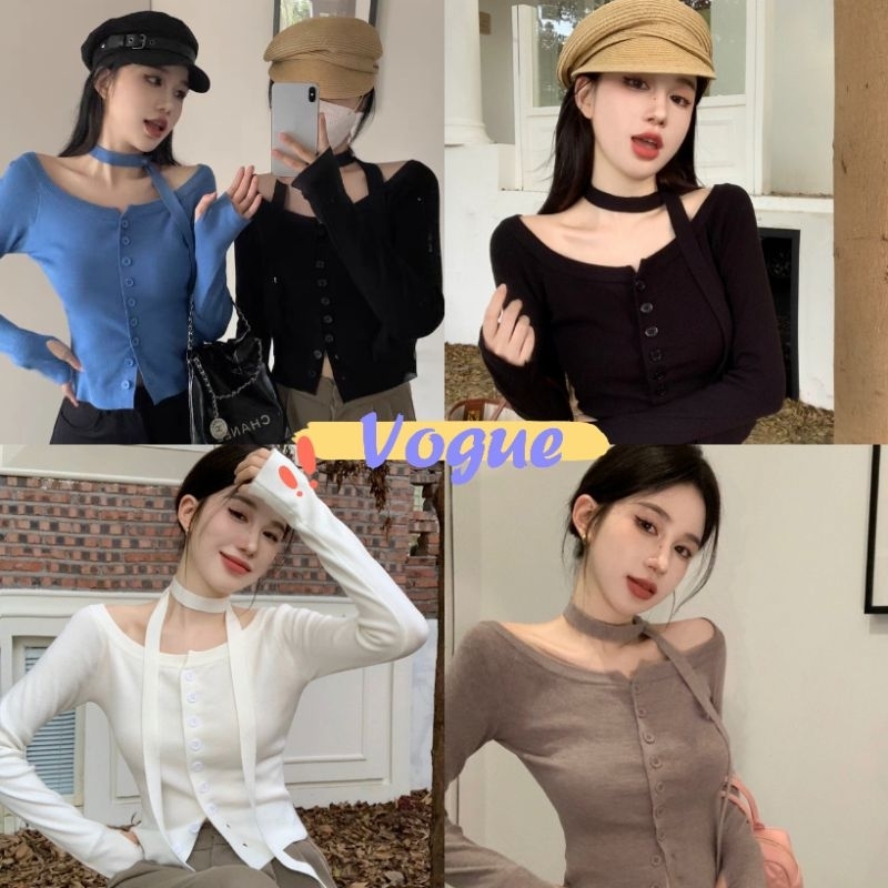 Vogue🌟พร้อมส่ง🌟 เสื้อไหมพรมแขนยาว คอกลม แถมสายพันคอเก๋ๆ (76107) -C