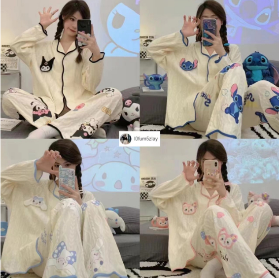 (ราคาถูกที่สุด) l0fum5zlay ชุดนอนญี่ปุ่น， ขี้เล่นน่ารัก， ผ้าฝ้ายคุณภาพดี， การ์ตูน 4 แบบ， ขายาว+เสื้อ，M-2XL