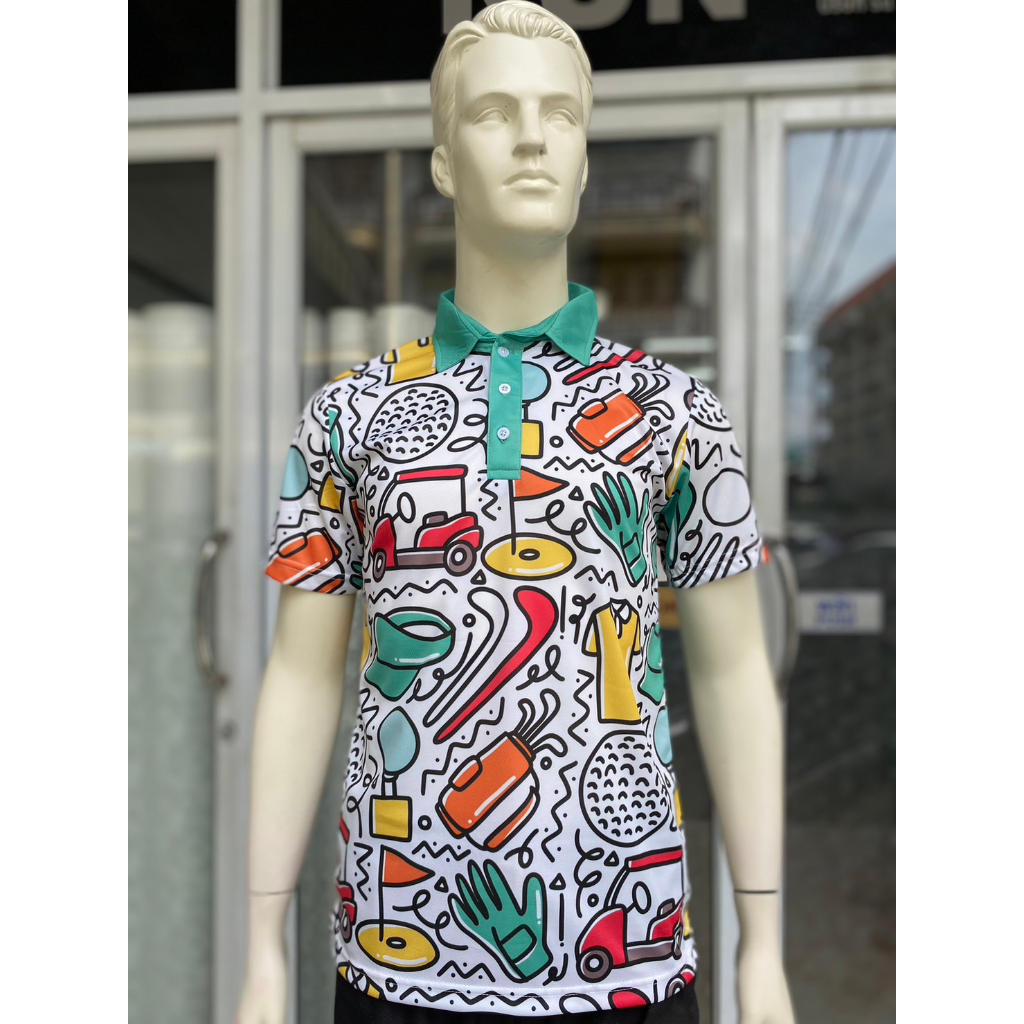 ลาย 52 เสื้อโปโลพิมพ์ลาย เสื้อกอล์ฟ เนื้อผ้านุ่มเบา ไม่ร้อนใส่สบาย ระบายอากาศได้ดี