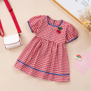 Babyonline(Y239)I5-6 (ส่งด่วน1วัน)ชุดเดรสแขนพองลายสก็อตสำหรับเด็กผู้หญิง ผ้าฝ้าย นิ่ม